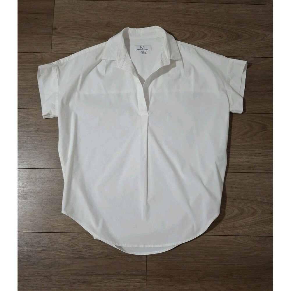 M Magaschoni Womens White Poplin Collar Split Neck Shirt Medium White Fresh